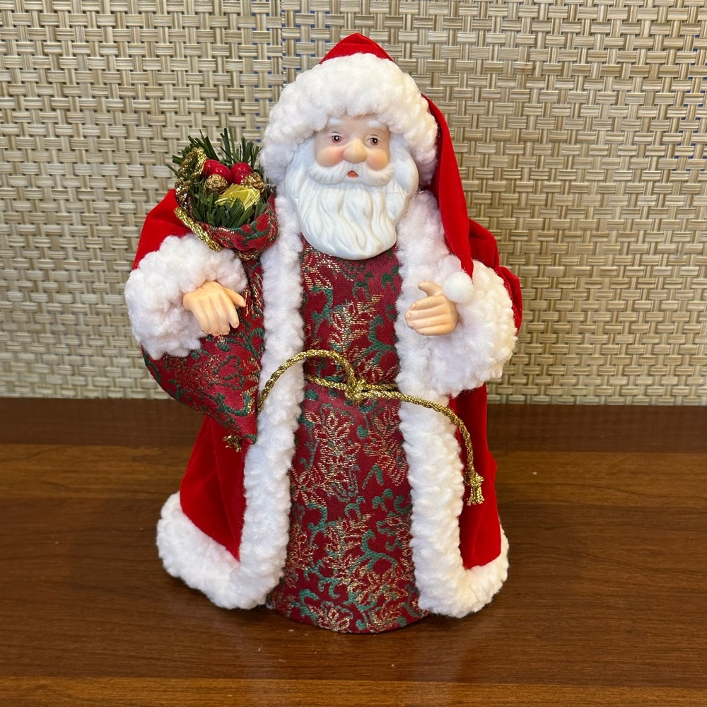 🎄VTG 1990s Old World Porcelain Santa Claus  Christmas Tree Topper Velvet/Brocade